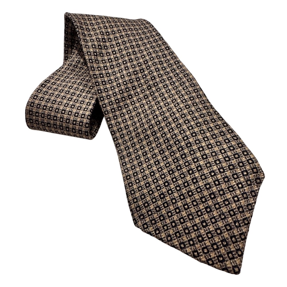 Gap Mens Silk Tie Geometric Square Pattern Tan Black Silver Made in USA